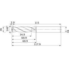 MVE1600X02S160 DP1020 16 mm Dia. × 16 mm Shank × 60.9 mm Flute Length × 117.9 mm OAL, 140°, 2 Flute, External Coolant, Solid Carbide Drill