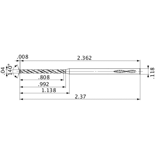 MVS0102X20S030 DP1020 0.04″ Dia. × 0.118″ Shank × 0.992″ Flute Length × 2.37″ OAL, 140°, 2 Flute, Coolant Thru, Solid Carbide Drill