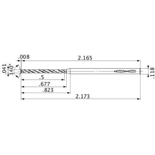 MVS0104X12S030 DP1020 0.041″ Dia. × 0.118″ Shank × 0.677″ Flute Length × 2.173″ OAL, 140°, 2 Flute, Coolant Thru, Solid Carbide Drill