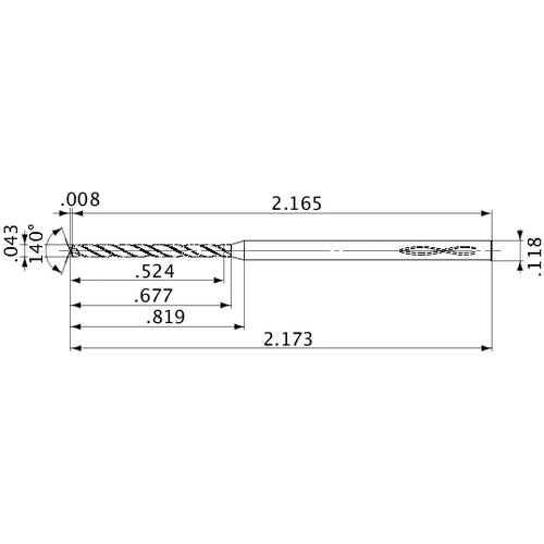MVS0109X12S030 DP1020 0.043″ Dia. × 0.118″ Shank × 0.677″ Flute Length × 2.173″ OAL, 140°, 2 Flute, Coolant Thru, Solid Carbide Drill