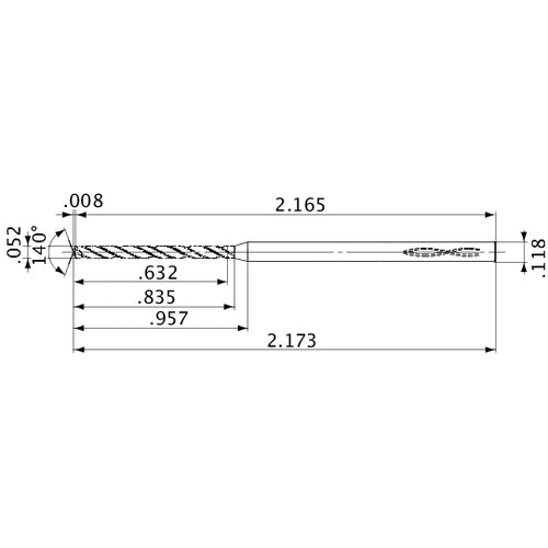 MVS0132X12S030 DP1020 0.052″ Dia. × 0.118″ Shank × 0.835″ Flute Length × 2.173″ OAL, 140°, 2 Flute, Coolant Thru, Solid Carbide Drill