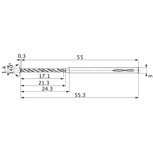 MVS0140X12S030 DP1020 1.4 mm Dia. × 3 mm Shank × 21.3 mm Flute Length × 55.3 mm OAL, 140°, 2 Flute, Coolant Thru, Solid Carbide Drill