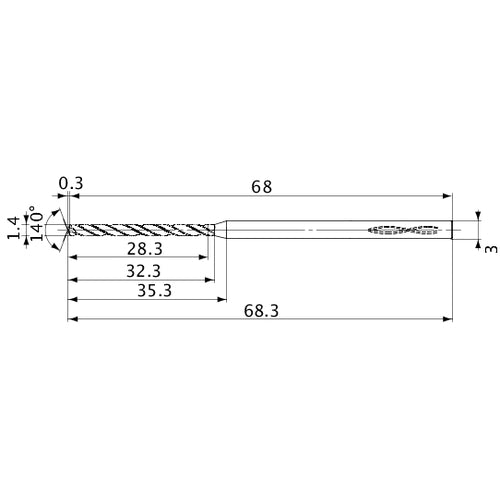MVS0140X20S030 DP1020 1.4 mm Dia. × 3 mm Shank × 32.3 mm Flute Length × 68.3 mm OAL, 140°, 2 Flute, Coolant Thru, Solid Carbide Drill