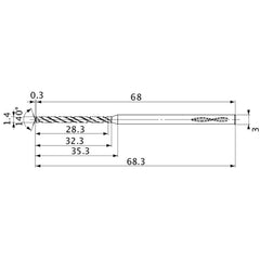 MVS0140X20S030 DP1020 1.4 mm Dia. × 3 mm Shank × 32.3 mm Flute Length × 68.3 mm OAL, 140°, 2 Flute, Coolant Thru, Solid Carbide Drill