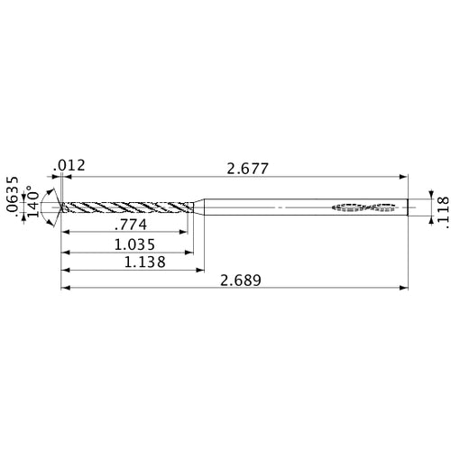 MVS0161X12S030 DP1020 0.0635″ Dia. × 0.118″ Shank × 1.035″ Flute Length × 2.689″ OAL, 140°, 2 Flute, Coolant Thru, Solid Carbide Drill