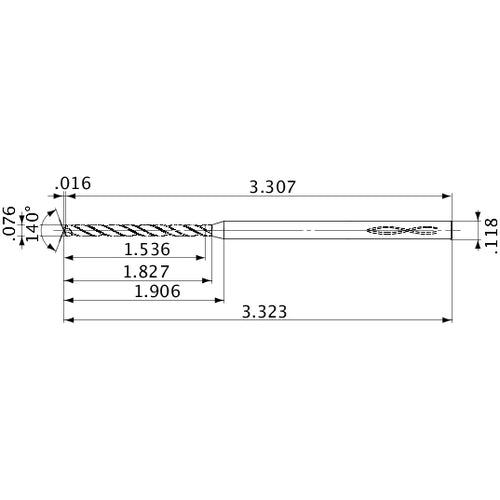 MVS0193X20S030 DP1020 0.076″ Dia. × 0.118″ Shank × 1.827″ Flute Length × 3.323″ OAL, 140°, 2 Flute, Coolant Thru, Solid Carbide Drill