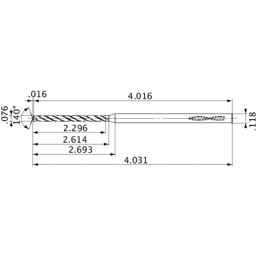 MVS0193X30S030 DP1020 0.076″ Dia. × 0.118″ Shank × 2.614″ Flute Length × 4.031″ OAL, 140°, 2 Flute, Coolant Thru, Solid Carbide Drill