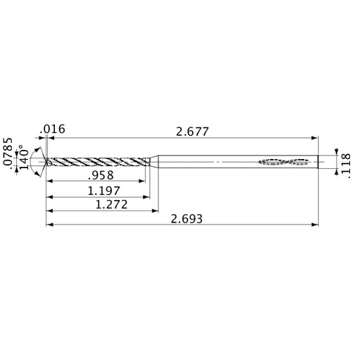 MVS0199X12S030 DP1020 0.0785″ Dia. × 0.118″ Shank × 1.197″ Flute Length × 2.693″ OAL, 140°, 2 Flute, Coolant Thru, Solid Carbide Drill