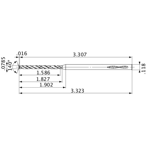 MVS0199X20S030 DP1020 0.0785″ Dia. × 0.118″ Shank × 1.827″ Flute Length × 3.323″ OAL, 140°, 2 Flute, Coolant Thru, Solid Carbide Drill
