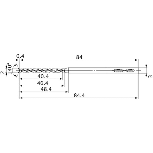 MVS0200X20S030 DP1020 2 mm Dia. × 3 mm Shank × 46.4 mm Flute Length × 84.4 mm OAL, 140°, 2 Flute, Coolant Thru, Solid Carbide Drill