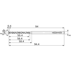MVS0200X25S030 DP1020 2 mm Dia. × 3 mm Shank × 56.4 mm Flute Length × 94.4 mm OAL, 140°, 2 Flute, Coolant Thru, Solid Carbide Drill