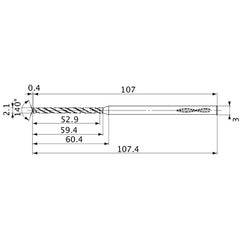 MVS0210X25S030 DP1020 2.1 mm Dia. × 3 mm Shank × 59.4 mm Flute Length × 107.4 mm OAL, 140°, 2 Flute, Coolant Thru, Solid Carbide Drill