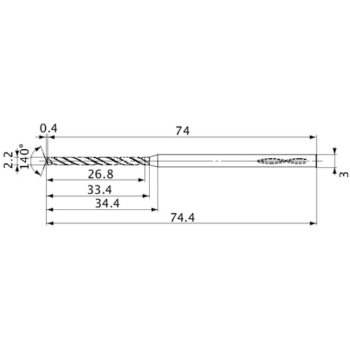 MVS0220X12S030 DP1020 2.2 mm Dia. × 3 mm Shank × 33.4 mm Flute Length × 74.4 mm OAL, 140°, 2 Flute, Coolant Thru, Solid Carbide Drill