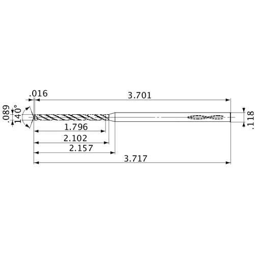 MVS0226X20S030 DP1020 0.089″ Dia. × 0.118″ Shank × 2.102″ Flute Length × 3.717″ OAL, 140°, 2 Flute, Coolant Thru, Solid Carbide Drill