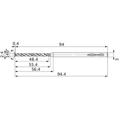 MVS0240X20S030 DP1020 2.4 mm Dia. × 3 mm Shank × 55.4 mm Flute Length × 94.4 mm OAL, 140°, 2 Flute, Coolant Thru, Solid Carbide Drill