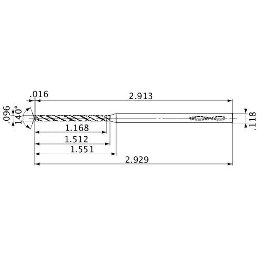 MVS0244X12S030 DP1020 0.096″ Dia. × 0.118″ Shank × 1.512″ Flute Length × 2.929″ OAL, 140°, 2 Flute, Coolant Thru, Solid Carbide Drill