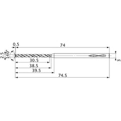 MVS0250X12S030 DP1020 2.5 mm Dia. × 3 mm Shank × 38.5 mm Flute Length × 74.5 mm OAL, 140°, 2 Flute, Coolant Thru, Solid Carbide Drill