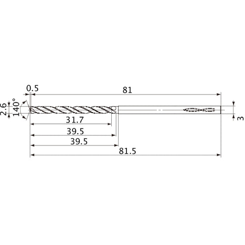 MVS0260X12S030 DP1020 2.6 mm Dia. × 3 mm Shank × 39.5 mm Flute Length × 81.5 mm OAL, 140°, 2 Flute, Coolant Thru, Solid Carbide Drill