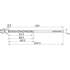 MVS0260X20S030 DP1020 2.6 mm Dia. × 3 mm Shank × 60.5 mm Flute Length × 103.5 mm OAL, 140°, 2 Flute, Coolant Thru, Solid Carbide Drill