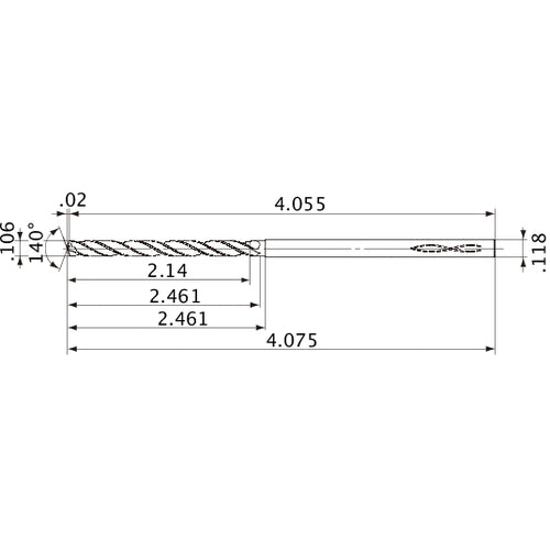 MVS0269X20S030 DP1020 0.106″ Dia. × 0.118″ Shank × 2.461″ Flute Length × 4.075″ OAL, 140°, 2 Flute, Coolant Thru, Solid Carbide Drill