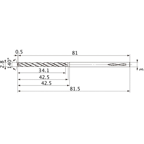 MVS0280X12S030 DP1020 2.8 mm Dia. × 3 mm Shank × 42.5 mm Flute Length × 81.5 mm OAL, 140°, 2 Flute, Coolant Thru, Solid Carbide Drill