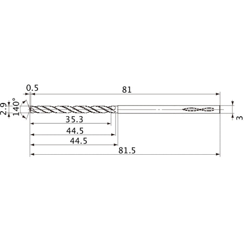 MVS0290X12S030 DP1020 2.9 mm Dia. × 3 mm Shank × 44.5 mm Flute Length × 81.5 mm OAL, 140°, 2 Flute, Coolant Thru, Solid Carbide Drill