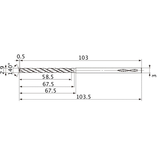 MVS0290X20S030 DP1020 2.9 mm Dia. × 3 mm Shank × 67.5 mm Flute Length × 103.5 mm OAL, 140°, 2 Flute, Coolant Thru, Solid Carbide Drill
