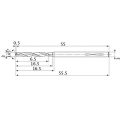 MVS0300X02S030PL DP1020 3 mm Dia. × 3 mm Shank × 16.5 mm Flute Length × 55.5 mm OAL, 145°, 2 Flute, Coolant Thru, Solid Carbide Drill