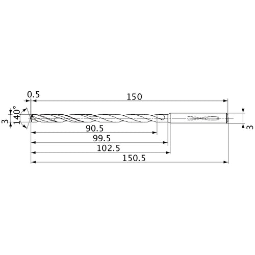 MVS0300X30S030 DP1020 3 mm Dia. × 3 mm Shank × 99.5 mm Flute Length × 150.5 mm OAL, 140°, 2 Flute, Coolant Thru, Solid Carbide Drill