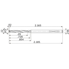 MVS0305X02S060PL DP1020 0.12″ Dia. × 0.236″ Shank × 0.728″ Flute Length × 2.185″ OAL, 145°, 2 Flute, Coolant Thru, Solid Carbide Drill