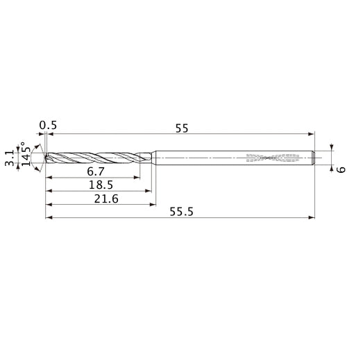 MVS0310X02S060PL DP1020 3.1 mm Dia. × 6 mm Shank × 18.5 mm Flute Length × 55.5 mm OAL, 145°, 2 Flute, Coolant Thru, Solid Carbide Drill