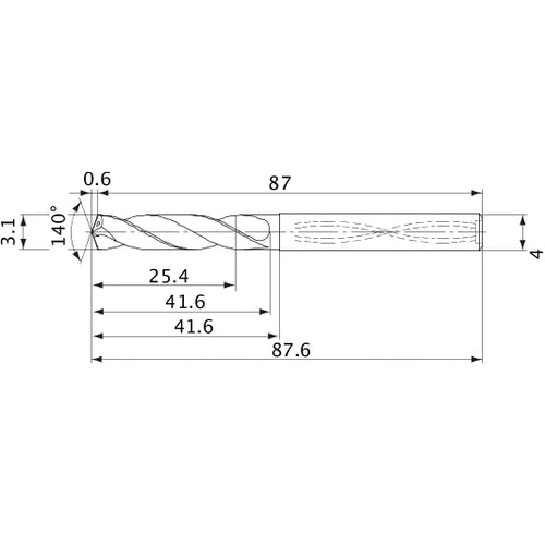 MVS0310X08S040 DP1020 3.1 mm Dia. × 4 mm Shank × 41.6 mm Flute Length × 87.6 mm OAL, 140°, 2 Flute, Coolant Thru, Solid Carbide Drill