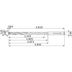 MVS0318X10S060 DP1020 1/8″ Dia. × 0.236″ Shank × 1.835″ Flute Length × 3.843″ OAL, 140°, 2 Flute, Coolant Thru, Solid Carbide Drill