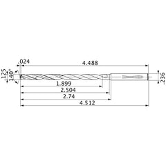 MVS0318X15S060 DP1020 1/8″ Dia. × 0.236″ Shank × 2.504″ Flute Length × 4.512″ OAL, 140°, 2 Flute, Coolant Thru, Solid Carbide Drill