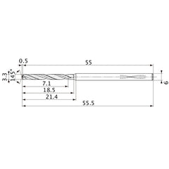 MVS0330X02S060PL DP1020 3.3 mm Dia. × 6 mm Shank × 18.5 mm Flute Length × 55.5 mm OAL, 145°, 2 Flute, Coolant Thru, Solid Carbide Drill