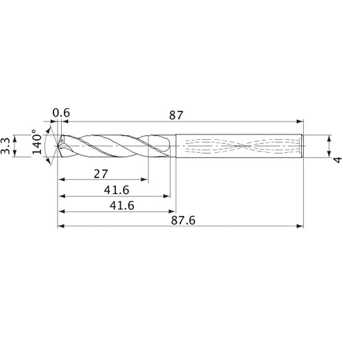MVS0330X08S040 DP1020 3.3 mm Dia. × 4 mm Shank × 41.6 mm Flute Length × 87.6 mm OAL, 140°, 2 Flute, Coolant Thru, Solid Carbide Drill