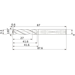 MVS0330X08S040 DP1020 3.3 mm Dia. × 4 mm Shank × 41.6 mm Flute Length × 87.6 mm OAL, 140°, 2 Flute, Coolant Thru, Solid Carbide Drill
