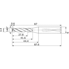 MVS0340X08S060 DP1020 3.4 mm Dia. × 6 mm Shank × 41.6 mm Flute Length × 87.6 mm OAL, 140°, 2 Flute, Coolant Thru, Solid Carbide Drill