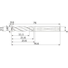 MVS0350X03S040 DP1020 3.5 mm Dia. × 4 mm Shank × 21.6 mm Flute Length × 76.6 mm OAL, 140°, 2 Flute, Coolant Thru, Solid Carbide Drill