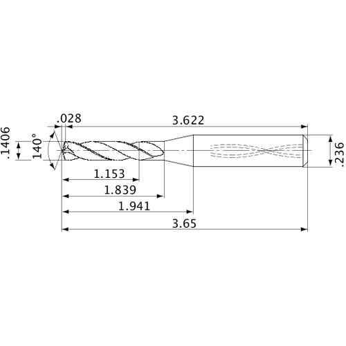 MVS0357X08S060 DP1020 0.1406″ Dia. × 0.236″ Shank × 1.839″ Flute Length × 3.65″ OAL, 140°, 2 Flute, Coolant Thru, Solid Carbide Drill