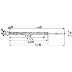 MVS0357X10S060 DP1020 0.1406″ Dia. × 0.236″ Shank × 2.075″ Flute Length × 4.083″ OAL, 140°, 2 Flute, Coolant Thru, Solid Carbide Drill