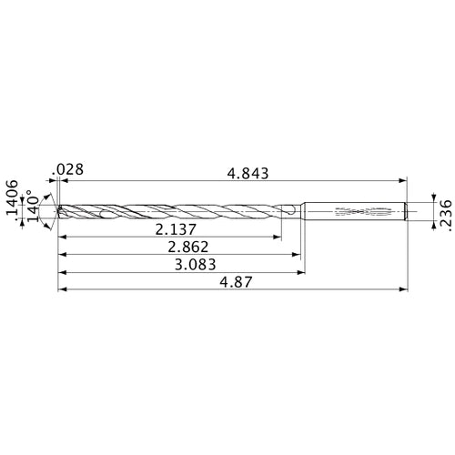MVS0357X15S060 DP1020 0.1406″ Dia. × 0.236″ Shank × 2.862″ Flute Length × 4.87″ OAL, 140°, 2 Flute, Coolant Thru, Solid Carbide Drill