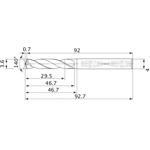 MVS0360X08S040 DP1020 3.6 mm Dia. × 4 mm Shank × 46.7 mm Flute Length × 92.7 mm OAL, 140°, 2 Flute, Coolant Thru, Solid Carbide Drill