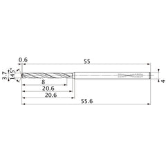 MVS0370X02S040PL DP1020 3.7 mm Dia. × 4 mm Shank × 20.6 mm Flute Length × 55.6 mm OAL, 145°, 2 Flute, Coolant Thru, Solid Carbide Drill