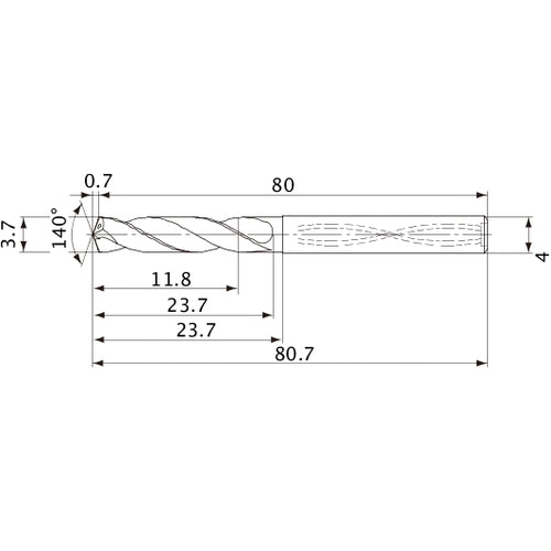 MVS0370X03S040 DP1020 3.7 mm Dia. × 4 mm Shank × 23.7 mm Flute Length × 80.7 mm OAL, 140°, 2 Flute, Coolant Thru, Solid Carbide Drill