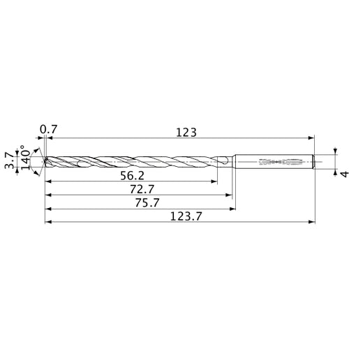 MVS0370X15S040 DP1020 3.7 mm Dia. × 4 mm Shank × 72.7 mm Flute Length × 123.7 mm OAL, 140°, 2 Flute, Coolant Thru, Solid Carbide Drill