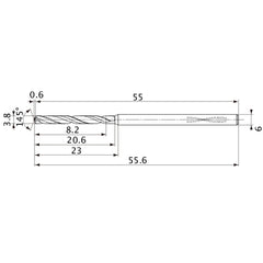 MVS0380X02S060PL DP1020 3.8 mm Dia. × 6 mm Shank × 20.6 mm Flute Length × 55.6 mm OAL, 145°, 2 Flute, Coolant Thru, Solid Carbide Drill