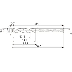 MVS0380X03S040 DP1020 3.8 mm Dia. × 4 mm Shank × 23.7 mm Flute Length × 80.7 mm OAL, 140°, 2 Flute, Coolant Thru, Solid Carbide Drill