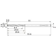 MVS0390X02S040PL DP1020 3.9 mm Dia. × 4 mm Shank × 20.6 mm Flute Length × 55.6 mm OAL, 145°, 2 Flute, Coolant Thru, Solid Carbide Drill