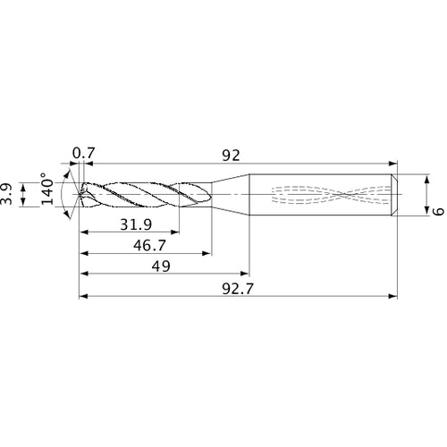 MVS0390X08S060 DP1020 3.9 mm Dia. × 6 mm Shank × 46.7 mm Flute Length × 92.7 mm OAL, 140°, 2 Flute, Coolant Thru, Solid Carbide Drill